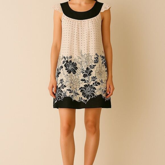 Hale Bob Cream White and Black Polka Dot Baby Doll Trapeze Dress - Picture 2 of 8